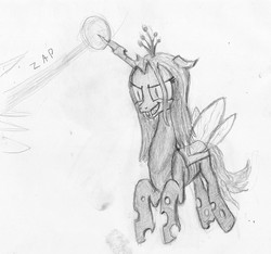 Size: 2248x2100 | Tagged: safe, artist:paskanaakka, derpibooru exclusive, queen chrysalis, changeling, changeling queen, g4, female, high res, magic, monochrome, solo, traditional art