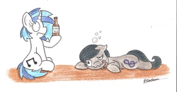 Size: 2168x1127 | Tagged: safe, artist:bobthedalek, dj pon-3, octavia melody, vinyl scratch, earth pony, pony, unicorn, g4, bottle, bowtie, bubble, drunk, drunktavia, ginger beer, lying down, prone, sploot