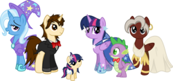 Size: 12828x6000 | Tagged: safe, artist:lailyren, artist:mactavish1996, artist:zoevulpez, spike, trixie, twilight sparkle, oc, oc:mayday parker sparkle, alicorn, pony, spiders and magic: rise of spider-mane, g4, absurd resolution, baby, baby pony, clothes, crossover, dress, female, male, mare, may parker, offspring, parent:peter parker, parent:twilight sparkle, parents:spidertwi, peter parker, ponified, simple background, smiling, spider-man, spiders and magic ii: eleven months, spidertwi, transparent background, twilight sparkle (alicorn), vector