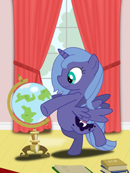 Size: 1200x1600 | Tagged: safe, artist:frenkieart, princess luna, g4, book, female, filly, globe, parody, solo, the great dictator, woona