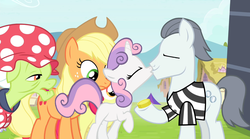 Size: 1280x714 | Tagged: safe, edit, edited screencap, screencap, apple bloom, applejack, granny smith, silver shill, sweetie belle, earth pony, pony, unicorn, g4, crack shipping, female, filly, kiss on the lips, kissing, male, mare, shipping, stallion, straight, sweetieshill