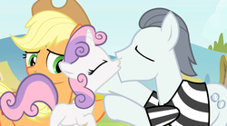 Size: 1280x714 | Tagged: safe, edit, edited screencap, screencap, applejack, silver shill, sweetie belle, g4, crack shipping, female, kiss on the lips, kissing, male, shipping, straight, sweetieshill, voice actor joke