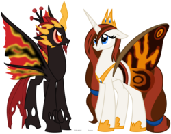 Size: 1099x860 | Tagged: safe, artist:faith-wolff, changeling, flutter pony, kaiju changeling, kaiju pony, fanfic:the bridge, battra, butterfly wings, changeling king, changelingified, colored sclera, concept, godzilla (series), mothra, ponified