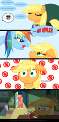 Size: 785x1609 | Tagged: safe, artist:taco-bandit, applejack, big macintosh, rainbow dash, spike, dragon, earth pony, pegasus, pony, testing testing 1-2-3, 4 panel comic, angry, apple, applejack's hat, bed, bedroom, clothes, colt, comic, cowboy hat, crying, dialogue, door, eyes closed, female, floppy ears, food, frown, hat, male, mare, multicolored hair, pillow, poking, rainbow hair, rope, sad, smiling, speech bubble, stallion, suit, text, that pony sure does love apples