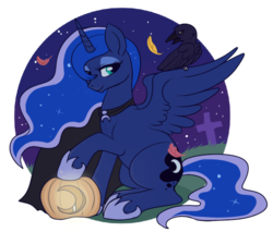 Size: 542x461 | Tagged: safe, artist:lulubell, princess luna, alicorn, bird, crow, pony, circle, cloak, clothes, feather, female, food, gravestone, halloween, horn, jack-o-lantern, lidded eyes, mare, night, nightmare night, pumpkin, simple background, sitting, smiling, spread wings, transparent background