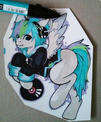 Size: 1340x1620 | Tagged: safe, artist:kyuu-vixen-cosplay, oc, oc only, badge, clothes, con badge, headphones, hoodie, photo, traditional art