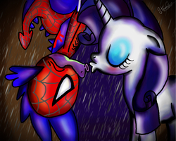 Size: 2000x1600 | Tagged: safe, artist:lennonblack, rarity, spike, g4, blushing, eyes closed, female, floppy ears, imminent kissing, kissy face, male, rain, scene parody, ship:sparity, shipping, spider-man, straight, upside down