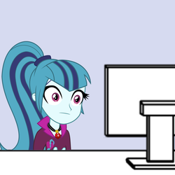 Size: 1000x1000 | Tagged: safe, sonata dusk, equestria girls, g4, my little pony equestria girls: rainbow rocks, :|, computer, desk, disturbed, female, i've seen some shit, reaction image, solo, stare, starenata, thousand yard stare, wide eyes