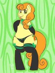 Size: 3000x4000 | Tagged: safe, artist:collaredginger, carrot top, golden harvest, pony, semi-anthro, g4, bipedal, clothes, collar, panties, pinup, plump, ribbon, socks, thick, underwear, wide hips