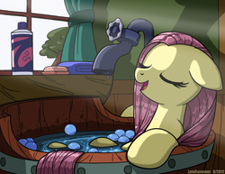 Size: 1650x1276 | Tagged: safe, artist:latecustomer, fluttershy, pony, g4, bath, bathtub, bubble, crepuscular rays, cute, eyes closed, female, floppy ears, lying down, mare, on back, open mouth, relaxing, shampoo, shyabetes, smiling, soap, solo, tap, wet mane, window