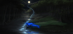 Size: 5760x2664 | Tagged: safe, artist:princesssaros, princess luna, g4, female, forest, high res, moon, night, prone, river, scenery, solo