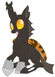 Size: 623x867 | Tagged: safe, artist:faith-wolff, changeling, kaiju changeling, fanfic:the bridge, changelingified, cuteling, godzilla (series), megalon, open mouth, simple background, sitting, solo, species swap, transparent background