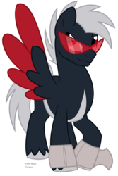Size: 571x855 | Tagged: safe, artist:faith-wolff, kaiju pony, pegasus, pony, fanfic:the bridge, colored wings, colored wingtips, gigan, godzilla, godzilla (series), looking up, male, ponified, simple background, solo, spread wings, stallion, sunglasses, transparent background, wings