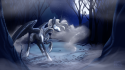 Size: 3265x1837 | Tagged: safe, artist:pixel-prism, princess luna, g4, bone mistress, curved horn, death (character), female, fog, forest, glowing eyes, grim reaper, headcanon, horn, moon, night, psychopomp, skeleton, solo, spread wings, stars, wings