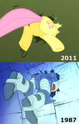 Size: 330x520 | Tagged: safe, edit, edited screencap, screencap, fluttershy, pony, g4, the return of harmony, butt, butt tail, buttstuck, comparison, cropped, flutterbutt, galvatron, plot, stuck, transformers, transformers the headmasters