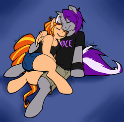 Size: 1280x1254 | Tagged: safe, artist:collaredginger, oc, oc only, oc:8-beat pulsar, oc:honeycane, pegasus, unicorn, anthro, arm hooves, clothes, cuddling, female, male, snuggling, straight