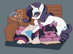 Size: 800x592 | Tagged: safe, artist:amitie-tan, rarity, twilight sparkle, alicorn, pony, g4, blushing, book, female, glasses, lesbian, mare, ship:rarilight, shipping, sleeping, twilight sparkle (alicorn)