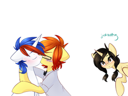Size: 1280x960 | Tagged: safe, artist:sugarberry, oc, oc:firefox, oc:safari, browser ponies, female, firefox, gay, gay in front of girls, kissing, male, rule 63, safari, shipping