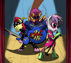Size: 1200x1052 | Tagged: safe, artist:saine grey, apple bloom, scootaloo, sweetie belle, earth pony, pegasus, pony, unicorn, g4, cutie mark crusaders, drums, guitar, mlpgdraws, music, musical instrument, show stopper outfits, singing
