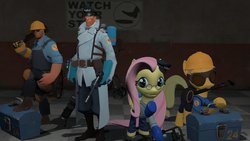 Size: 1024x578 | Tagged: safe, artist:dell-conagher97, applejack, fluttershy, g4, 3d, crossover, engiejack, engineer, engineer (tf2), fluttermedic, gmod, medic, medic (tf2), team fortress 2