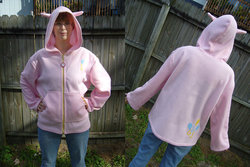 Size: 1024x683 | Tagged: safe, artist:monostache, pinkie pie, human, g4, clothes, cosplay, cutie mark, hoodie, irl, irl human, photo