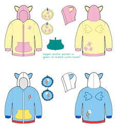 Size: 700x773 | Tagged: safe, artist:monostache, fluttershy, rainbow dash, g4, clothes, cutie mark, design, hoodie