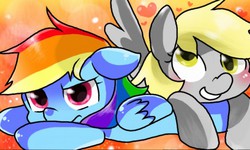 Size: 512x308 | Tagged: safe, artist:miki 14, derpy hooves, rainbow dash, pegasus, pony, g4, blushing, female, mare, pixiv