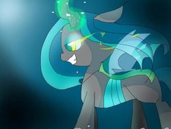 Size: 600x450 | Tagged: safe, artist:miki 14, queen chrysalis, changeling, changeling queen, g4, female, glowing, glowing horn, grin, horn, pixiv, solo