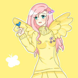 Size: 1100x1100 | Tagged: safe, artist:deathzuukii, fluttershy, bird, human, g4, clothes, female, humanized, solo, sweater, sweatershy, winged humanization
