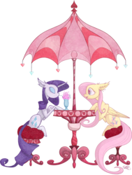 Size: 1455x1928 | Tagged: safe, artist:yourfavoritesoybean, fluttershy, rarity, pegasus, pony, unicorn, g4, drinking, female, food, horn, lesbian, mare, ship:flarity, shipping, simple background, sitting, stool, straw, table, transparent background, umbrella, wings