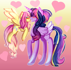 Size: 2160x2130 | Tagged: safe, artist:karsismf97, fluttershy, twilight sparkle, alicorn, pegasus, pony, g4, boop, duo, eyes closed, female, fluttershy is smol, gradient background, height difference, high res, lesbian, mare, older, rainbow power, ship:twishy, shipping, size difference, smolshy, twilight sparkle (alicorn), ultimate twilight