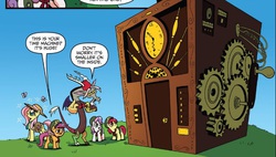 Size: 675x384 | Tagged: safe, artist:brendahickey, idw, official comic, apple bloom, discord, fluttershy, scootaloo, sweetie belle, draconequus, earth pony, pegasus, pony, unicorn, g4, spoiler:comic, spoiler:comic24, bowtie, comic, cropped, cutie mark crusaders, doctor who, female, fez, filly, foal, hat, male, mare, speech bubble, tardis, time machine