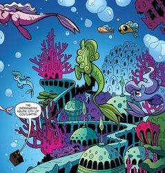 Size: 561x587 | Tagged: safe, artist:brenda hickey, idw, apple bloom, discord, fluttershy, scootaloo, sweetie belle, fish, hippocampus, kelpie, merpony, g4, spoiler:comic, spoiler:comic24, city, coltlantis, coral, cutie mark crusaders, time machine, underwater, underwater city