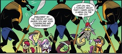 Size: 1271x559 | Tagged: safe, idw, official comic, apple bloom, discord, fluttershy, scootaloo, sweetie belle, draconequus, jackal, pony, unicorn, g4, spoiler:comic, spoiler:comic24, ancient anugypt, cutie mark crusaders, egyptian, face, faic, female, fez, filly, filly guides, foal, guards, hat, male, mare, spear, weapon