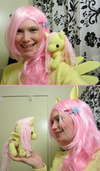 Size: 585x992 | Tagged: safe, artist:maishericostumes, fluttershy, human, g4, clothes, cosplay, irl, irl human, photo, plushie, sweater, sweatershy