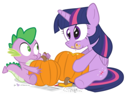 Size: 810x630 | Tagged: safe, artist:dm29, spike, twilight sparkle, alicorn, pony, g4, cute, duo, eating, female, halloween, herbivore, holiday, horses doing horse things, mare, messy eating, nom, pumpkin, pumpkin carving, silly, silly pony, simple background, transparent background, twiabetes, twilight sparkle (alicorn)