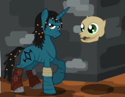 Size: 914x707 | Tagged: safe, artist:steampoweredstallion, morte, planescape torment, ponified, skull, the nameless one