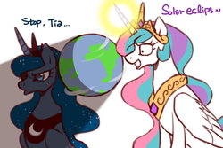 Size: 600x400 | Tagged: safe, artist:bartolomeus_, princess celestia, princess luna, alicorn, pony, g4, alicorn eclipse, catasterism, cute, earth, eclipse, female, frown, glare, grin, light, lunar eclipse, macro, magic, mare, pony bigger than a planet, pouting, shadow, sillestia, silly, simple background, smiling, solar eclipse, sun, sweatdrop, tangible heavenly object, teasing, trollestia, unamused, white background, wide eyes