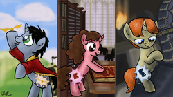 Size: 1366x768 | Tagged: safe, artist:qemma, pony, unicorn, book, chess, colt, cutie mark, cutiespark, filly, glasses, golden snitch, gryffindor, harry potter, harry potter (series), hermione granger, ponified, quidditch, ron weasley, trio, wizard's chess
