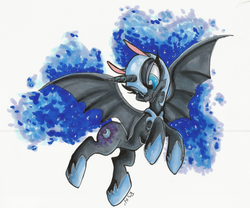 Size: 600x498 | Tagged: safe, artist:tinyunicornfarm, nightmare moon, g4, female, flying, looking down, solo, traditional art