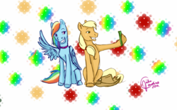 Size: 1280x800 | Tagged: safe, artist:iceisland, applejack, rainbow dash, earth pony, pegasus, pony, g4, cellphone, duo, phone, selfie, smiling, wings