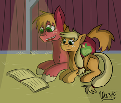 Size: 618x525 | Tagged: safe, artist:shizaluckydevil, applejack, big macintosh, earth pony, pony, g4, blank flank, book, male, prone, siblings, smiling, stallion, story time, younger