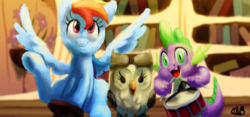 Size: 800x374 | Tagged: safe, artist:gimoody, owlowiscious, rainbow dash, spike, g4, drums, musical instrument, scene interpretation, stooldash