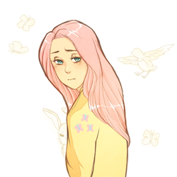 Size: 500x500 | Tagged: safe, artist:mimimonlon, angel bunny, fluttershy, bird, butterfly, human, g4, clothes, humanized, lidded eyes, looking at you, simple background, sweater, sweatershy, turned head, white background