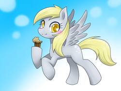 Size: 1000x750 | Tagged: safe, artist:hashioaryut, derpy hooves, pegasus, pony, g4, colored pupils, eating, female, flying, mare, muffin, pixiv, solo
