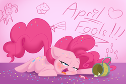 Size: 1024x683 | Tagged: safe, artist:bronyseph, pinkie pie, g4, apple cider, blushing, confetti, crayon, drunk, female, floppy ears, party, prone, solo