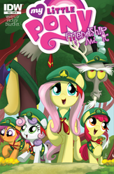 Size: 666x1024 | Tagged: safe, artist:amy mebberson, idw, apple bloom, discord, fluttershy, scootaloo, sweetie belle, g4, cover, cutie mark crusaders, filly guides, idw advertisement