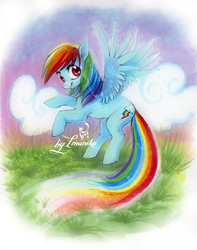 Size: 600x763 | Tagged: safe, artist:imanika, rainbow dash, pegasus, pony, g4, cloud, female, grass, mare, outdoors, rearing, solo