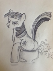 Size: 1936x2592 | Tagged: safe, artist:elbow456, twilight sparkle, pony, unicorn, g4, butt, fart, female, implied pooping, looking at you, magic, mare, monochrome, plot, potty, potty time, sitting on toilet, solo, toilet, traditional art, twilight fartle