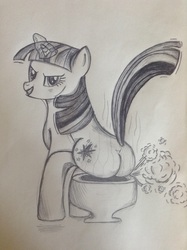 Size: 1936x2592 | Tagged: safe, artist:elbow456, twilight sparkle, pony, unicorn, g4, butt, fart, fart cloud, female, implied pooping, looking at you, magic, mare, monochrome, plot, potty, potty time, sitting on toilet, solo, toilet, traditional art, twilight fartle